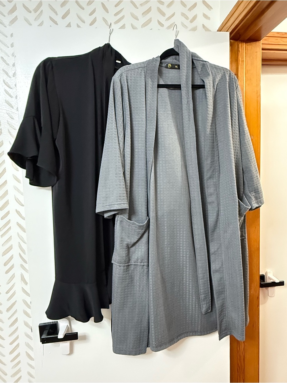 Black Shear and Gray Waffle-Knit Open Front Robes with Tie Belt